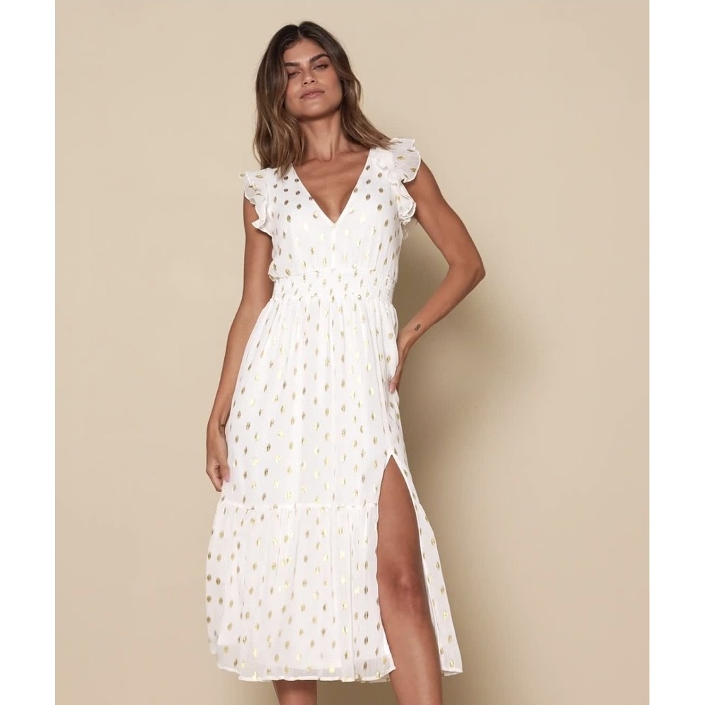 Lulus White Gold Foil Dot Midi Dress Size M Ruffle Sleeve V Neck Wedding Bridal
